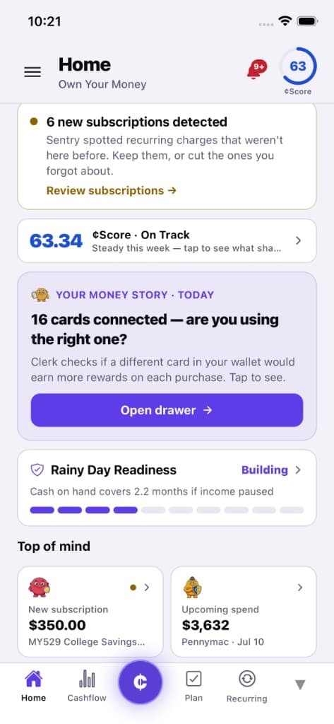 Centiv's Home screen — ¢Score, subscriptions, money story and rainy-day readiness tracked by your Squad