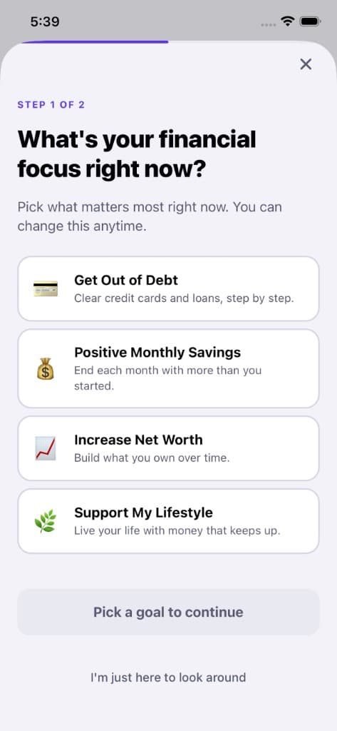 Centiv financial focus onboarding screen